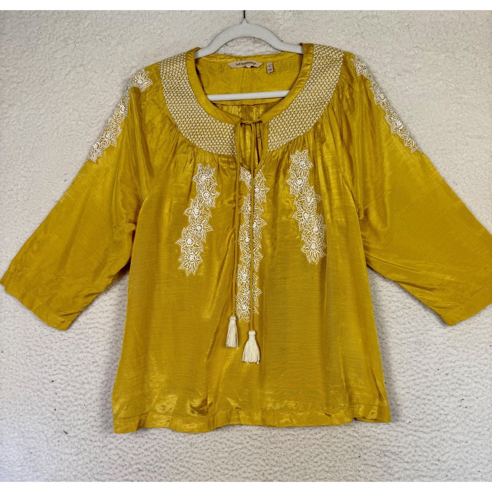 Soft Surroundings Womens L Lauralin Mustard Yellow Embroidered Top Boho Fall